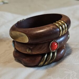 3 Brass and Wood Vintage Bracelets
